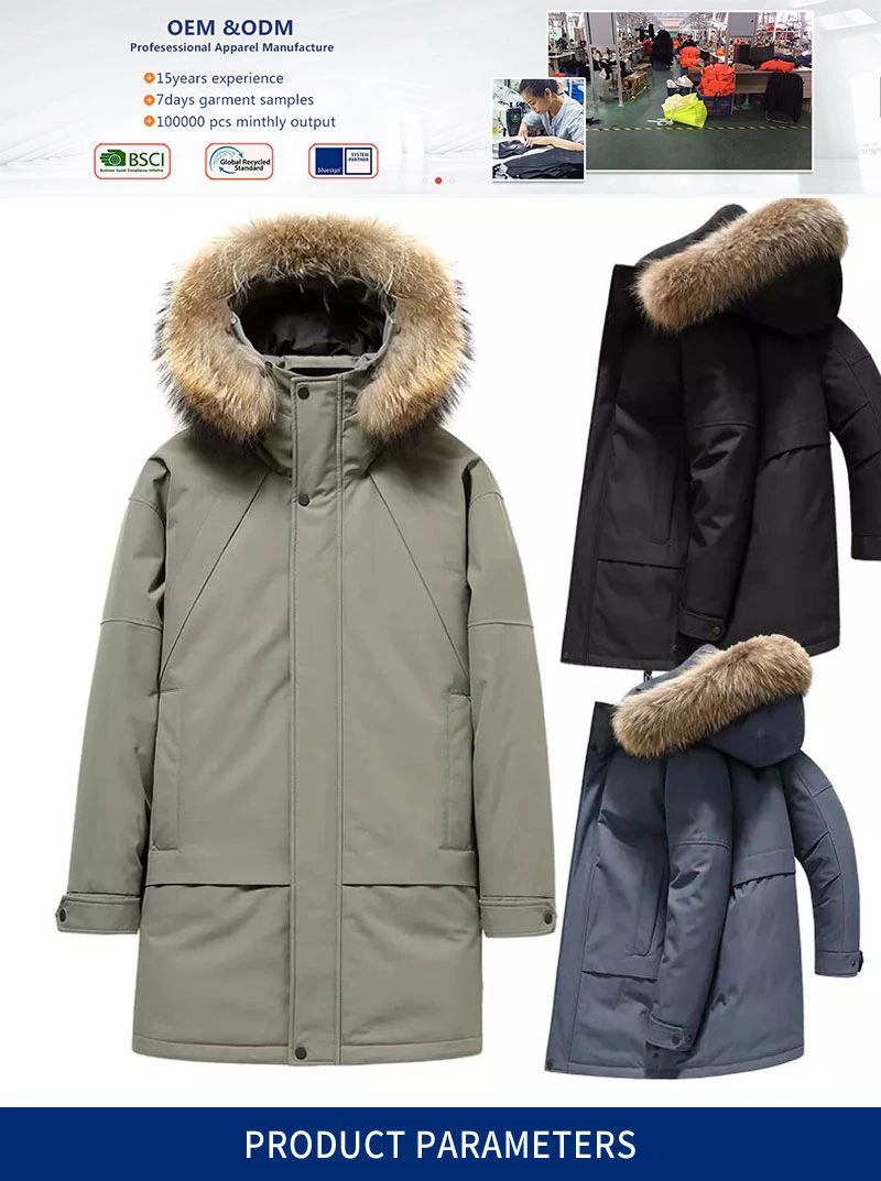 OEM Men′s Oversized Fur Collar Business Plain Army Green Hooded Puffer Jacket Windbreaker